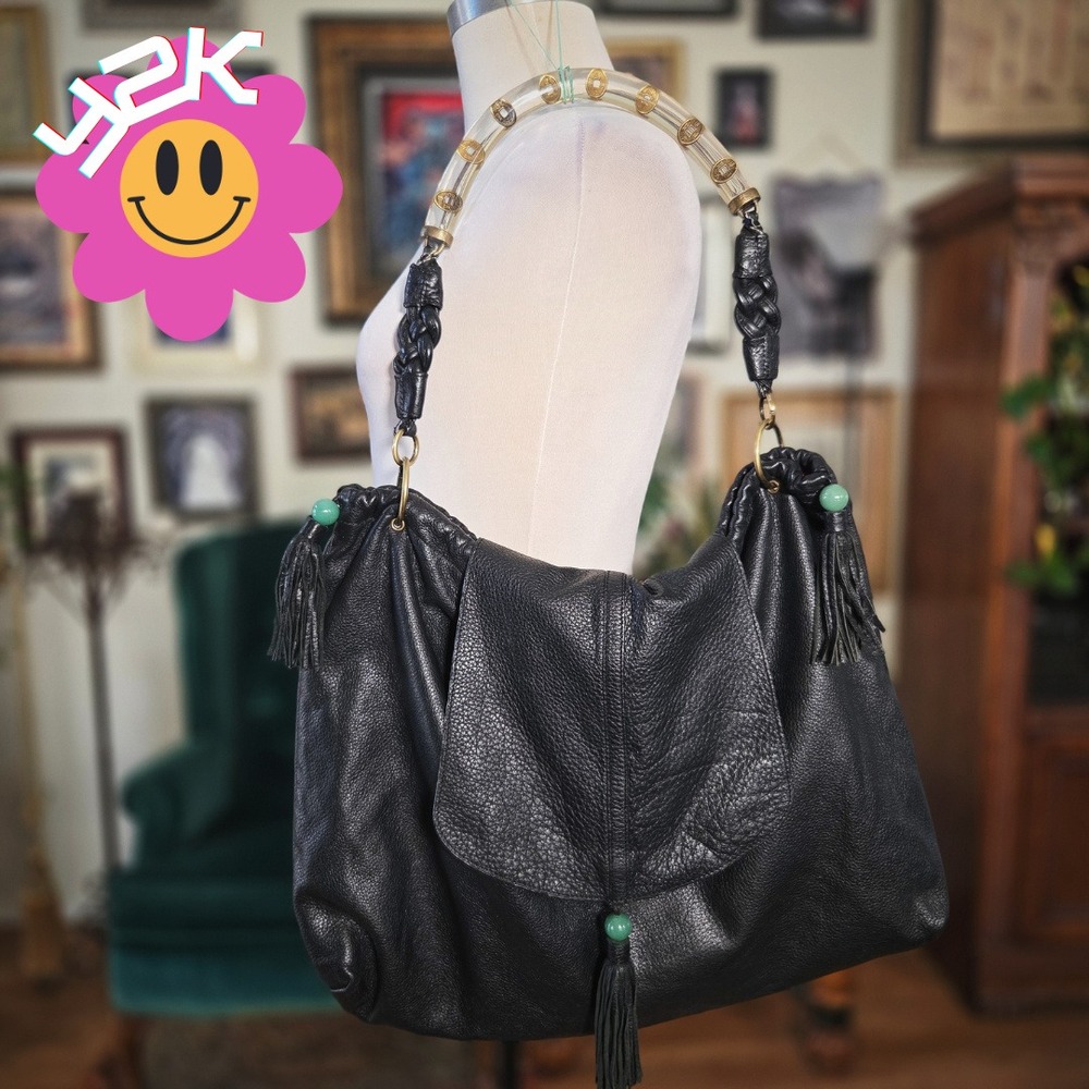 Shanghai Tang Leather Hobo Bag Black Vintage Y2K Acrylic Coin Handle Tassel‎